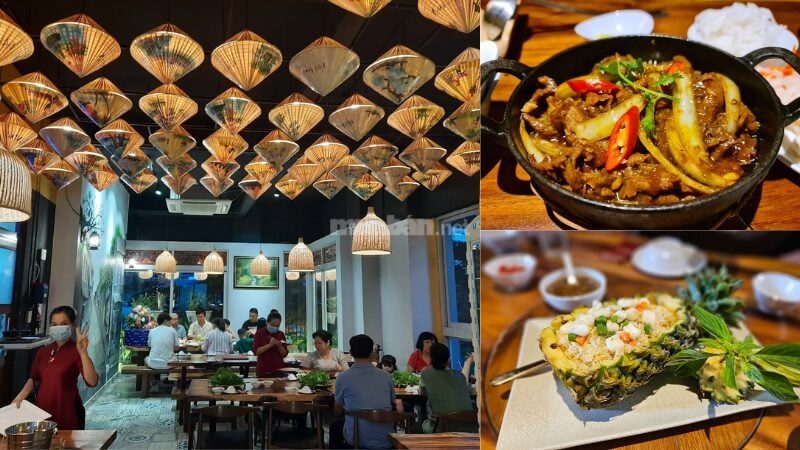 Nhà hàng Hoàng Tâm - Phú Mỹ Hưng - Quán ăn ấm cúng với trần trang trí bằng nón lá độc đáo, phục vụ các món ăn Việt như thịt bò xào và cơm chiên dứa.