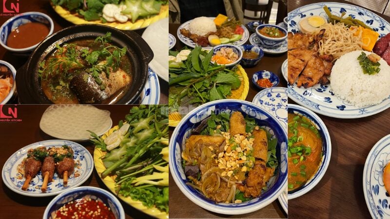 Cô Nguyễn Kitchen - Quán ăn với các món ăn Việt đa dạng, từ Cơm Tấm, bún cho đến các món kho, cuốn truyền thống, được trình bày trong chén dĩa hoa văn kiểu xưa.
