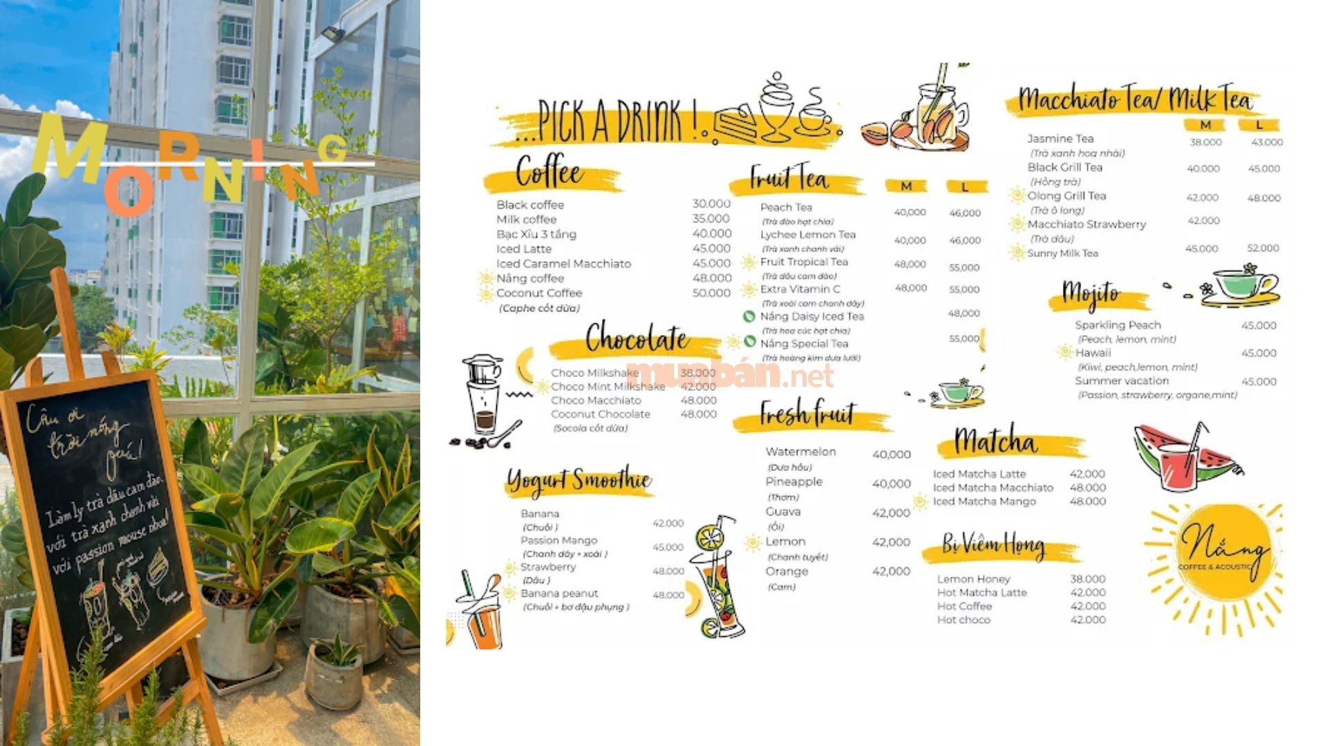 Menu đa dạng với cà phê rang xay, trà trái cây và các món đá xay mát lạnh