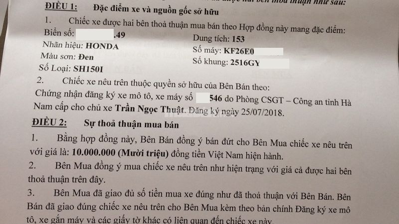 Trong mẫu hợp đồng mua bán xe máy cũ cần cung cấp các đặc điểm liên quan đến xe