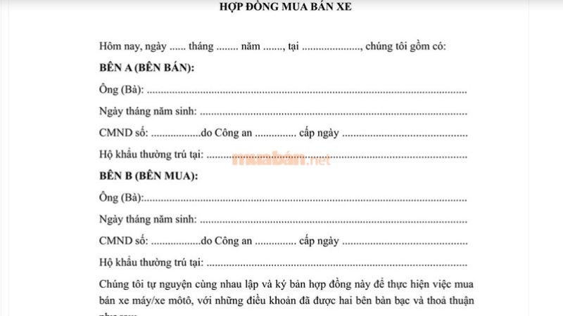 Một phần nội dung trong mẫu hợp đồng mua bán xe máy cũ