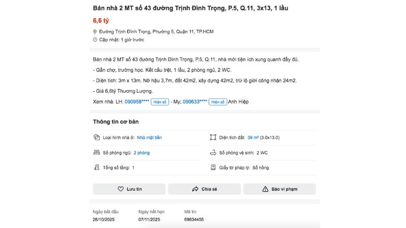 Nội dung tin đăng đầy đủ, rõ ràng