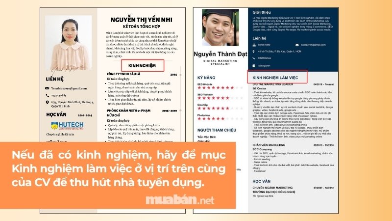 Nên để mục kinh nghiệm ở vị trí trên cùng của CV nếu đã có kinh nghiệm làm việc