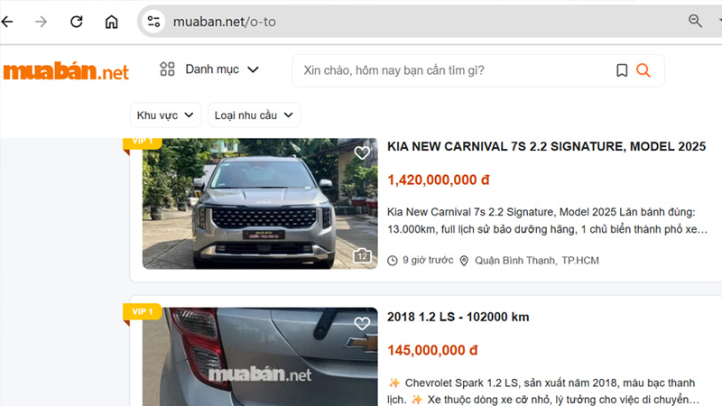 Mua xe ô tô cũ trên website Muaban.net