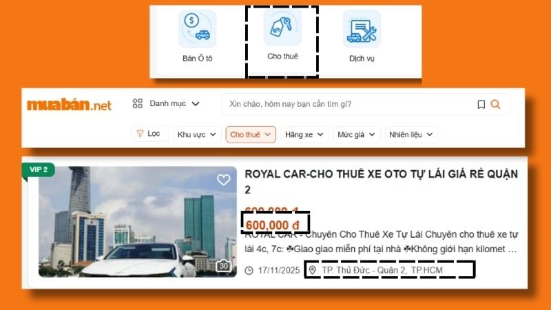 Giao diện thông tin trực quan khi thuê xe trên Muaban.net