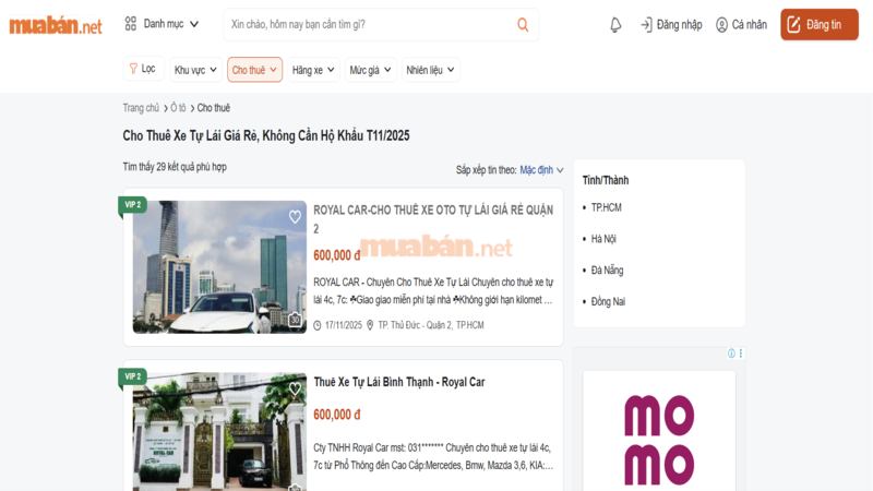 Cập nhật bảng giá cho thuê xe 4 chỗ ngày tết 2026 Website Muaban.net sở hữu bộ lọc thông minh giúp bạn dễ dàng tìm kiếm dịch vụ thuê xe 4 chỗ