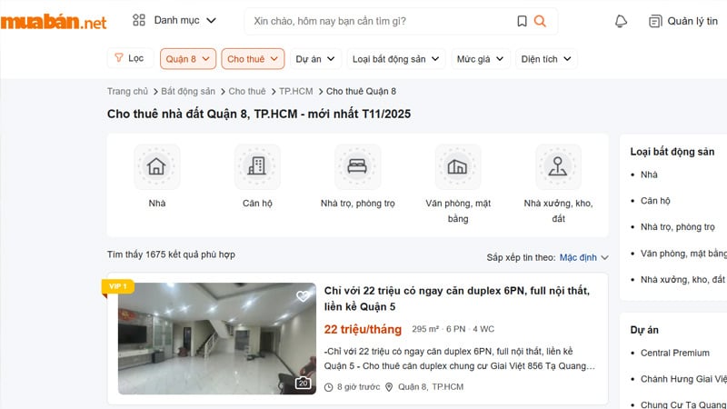 Thuê nhà quận 8 trên website Muaban.net