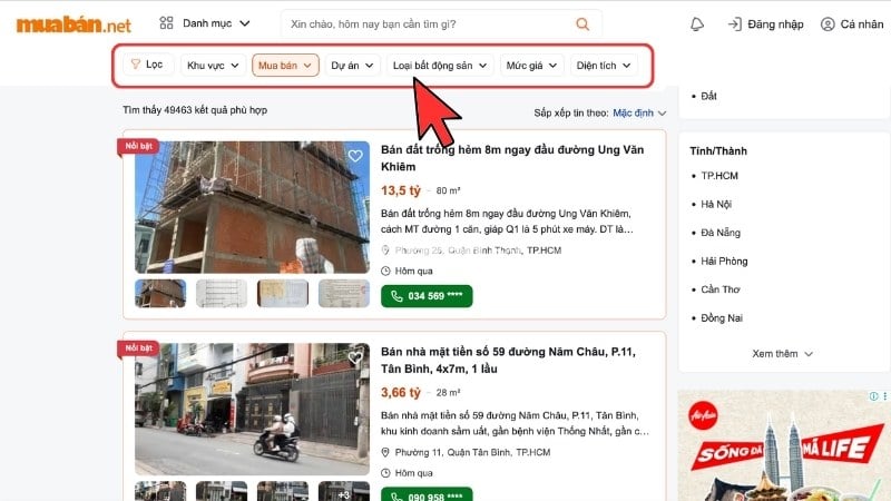 Dùng bộ lọc thông minh trên Muaban.net để nhanh chóng tìm được bất động sản phù hợp