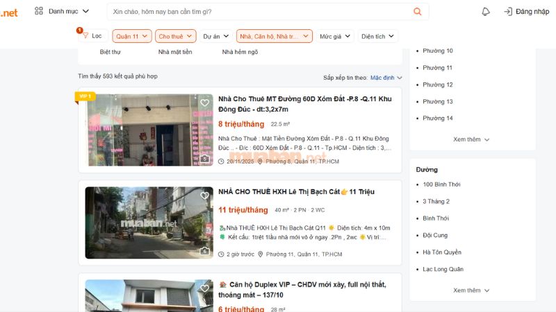Tìm kiếm phòng trọ quận 11 tại Muaban.net.