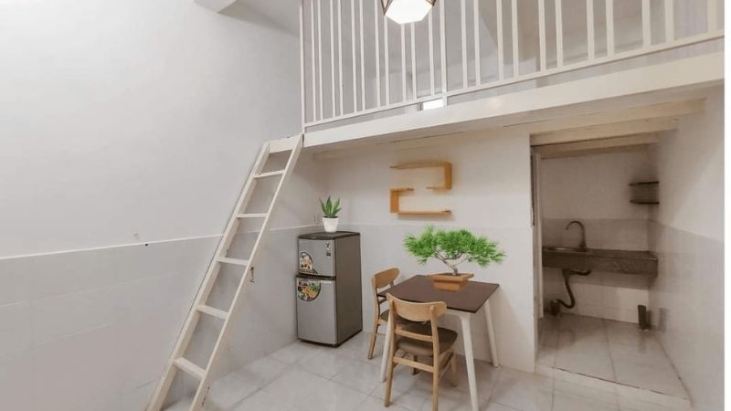 Mẫu bố trí phòng trọ đơn giản, đầy đủ tiện nghi.