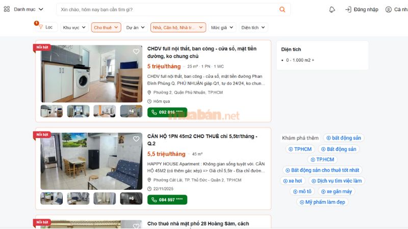 Tìm kiếm thông tin thuê nhà trọ, căn hộ, chung cư giá tốt tại Muaban.net.