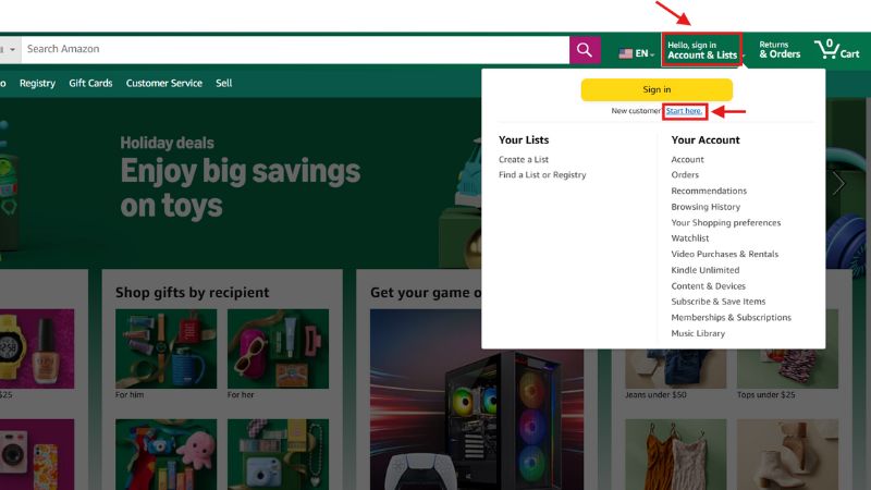 Cách bán hàng trên Amazon dễ hiểu cho người mới bắt đầu Truy cập website amazon.com và chọn mục Account & Lists, sau đó nhấn Start here để bắt đầu đăng ký.