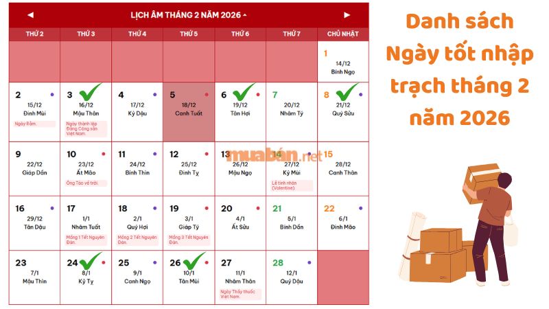 Xem ngày tốt nhập trạch trong tháng 2 năm 2026 Danh sách ngày tốt nhập trạch tháng 02 năm 2026