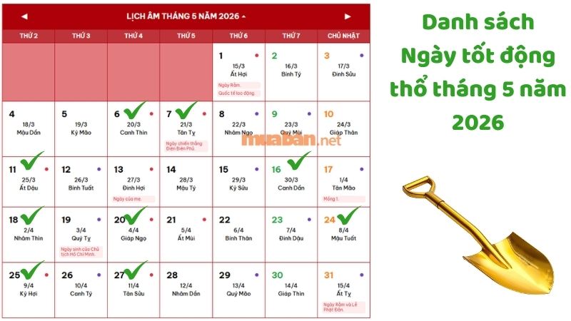Ngày tốt động thổ tháng 5 năm 2026 khởi công thuận lợi Danh sách tổng hợp ngày tốt động thổ tháng 05 năm 2026