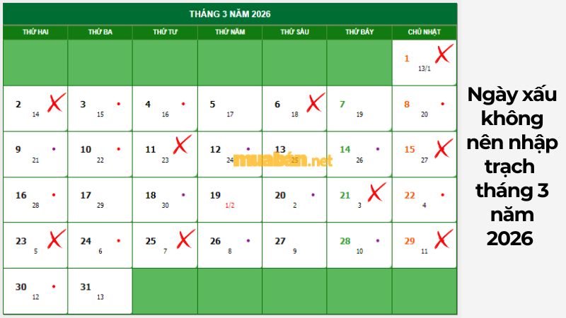 Xem ngày tốt nhập trạch tháng 3 năm 2026 may mắn, bình an Ngày xấu không nên nhập trạch tháng 3 năm 2026