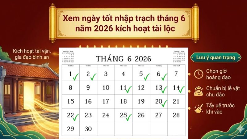 Danh sách ngày tốt nhập trạch tháng 6 năm 2026 kích hoạt tài lộc Ngày tốt nhập trạch trong tháng 6 năm 2026