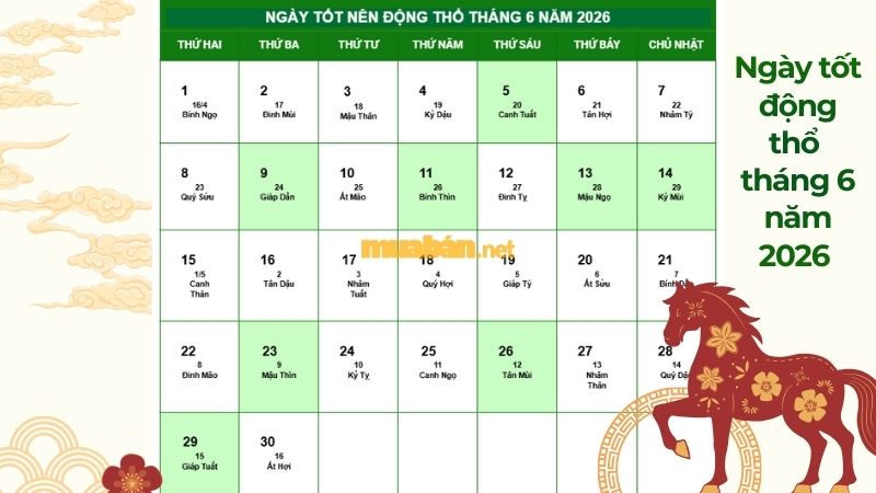 Ngày tốt động thổ tháng 6 năm 2026 chuẩn phong thủy Ngày tốt động thổ tháng 6 năm 2026