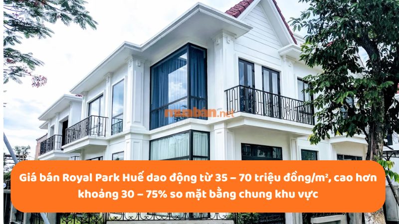 Khu đô thị Royal Park Huế: Vị trí, tiện ích, tiềm năng dự án Giá bán Royal Park Huế dao động từ 35 – 70 triệu đồng/m², cao hơn khoảng 30 – 75% so mặt bằng chung
