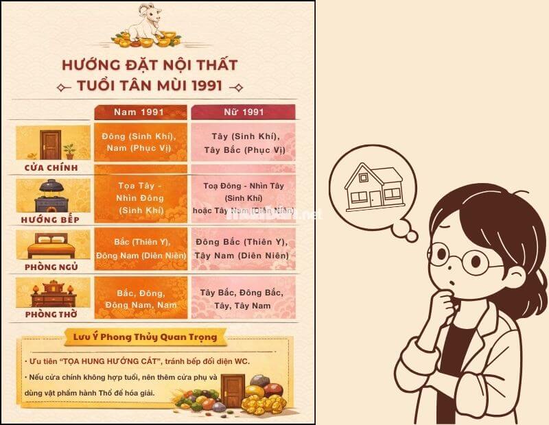 Tân Mùi 1991 hợp hướng nhà nào theo phong thủy? Các hướng bố trí nội thất hợp tuổi cho nam và nữ Tân Mùi 1991