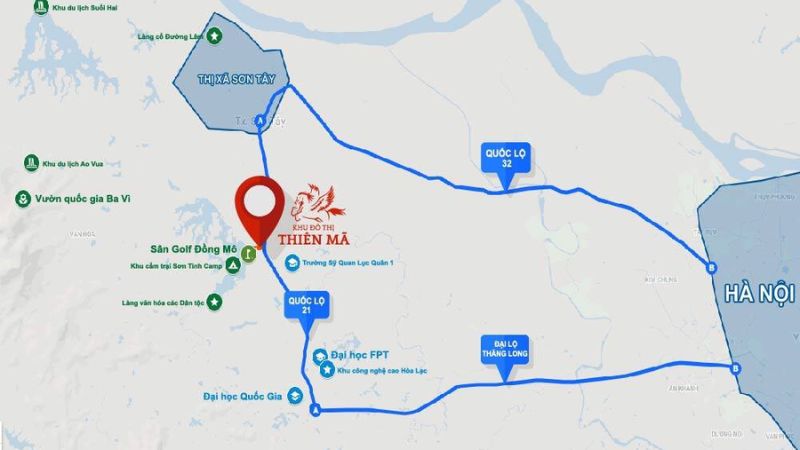Khu đô thị Thiên Mã: Vị trí, tiện ích, tiềm năng dự án Khu đô thị Thiên Mã tọa lạc trên trục Quốc lộ 21 (hình: Khu Đô Thị Thiên Mã _ Sơn Tây)
