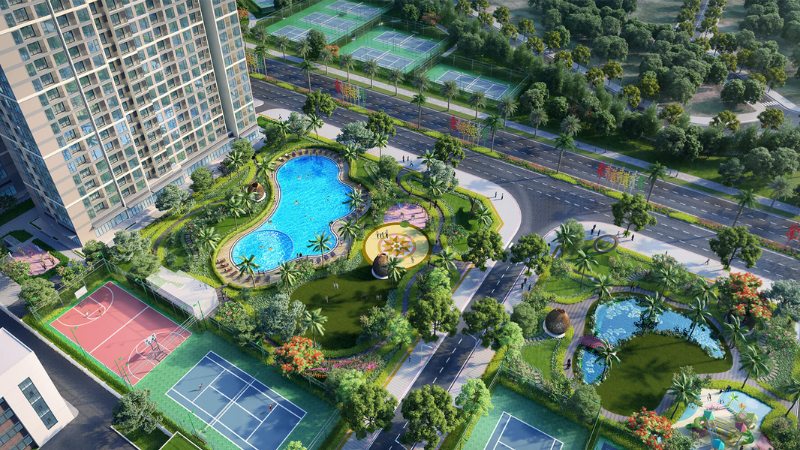 Khu đô thị Smart City: Toàn cảnh dự án và tiềm năng phát triển Phối cảnh công viên và hồ bơi trong nội khu dự án