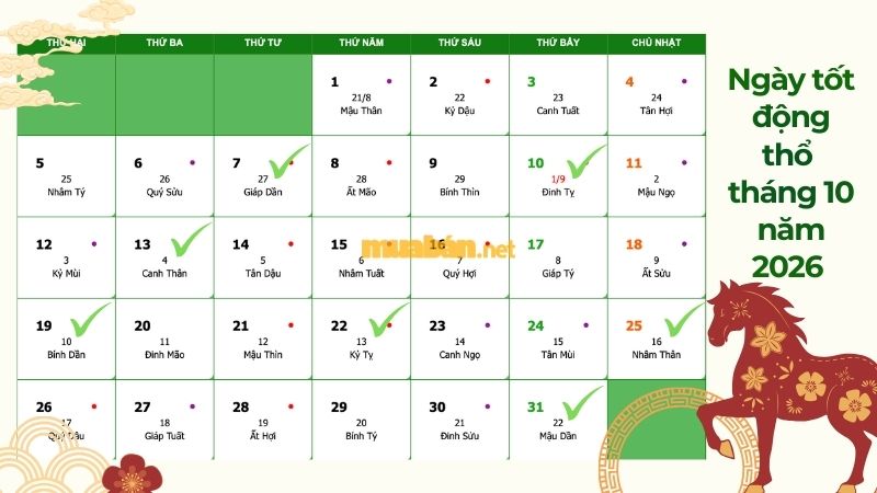 Danh sách ngày tốt động thổ tháng 10 năm 2026 7 ngày tốt nên động thổ trong tháng 10 năm 2026