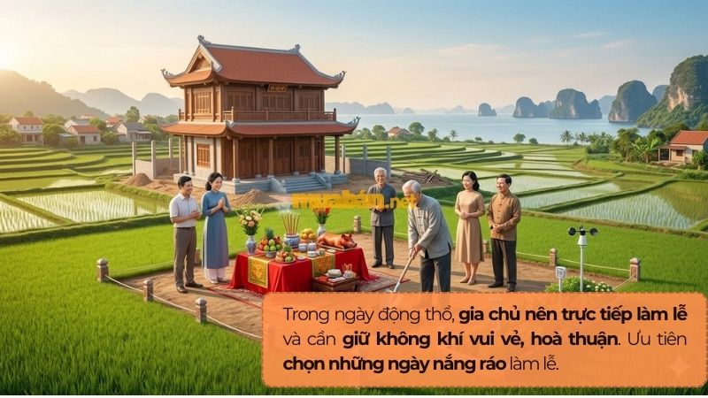 Danh sách ngày tốt động thổ tháng 10 năm 2026 Gia chủ trực tiếp làm lễ động thổ và nên giữ không khí vui vẻ