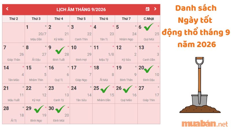Xem ngày tốt động thổ tháng 9 năm 2026 khởi công thuận lợi Danh sách ngày tốt động thổ tháng 9 năm 2026