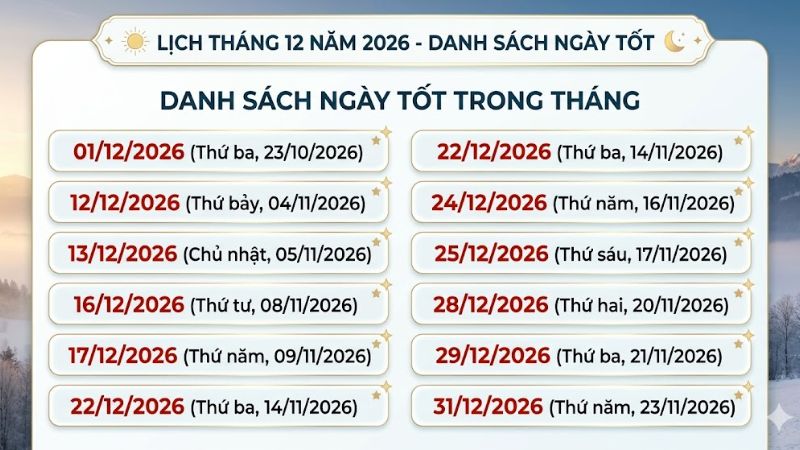 Ngày tốt động thổ tháng 12 năm 2026 thuận lợi, may mắn Danh sách ngày tốt động thổ tháng 12 năm 2026