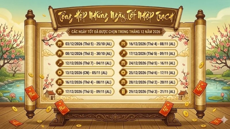 Ngày tốt nhập trạch tháng 12 năm 2026 thu hút may mắn Ngày tốt nhập trạch trong tháng 12 năm 2026