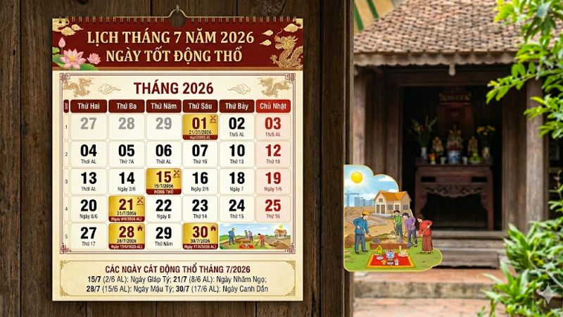 Ngày tốt động thổ tháng 7 năm 2026 khởi công thuận lợi Danh sách ngày tốt động thổ tháng 7 năm 2026