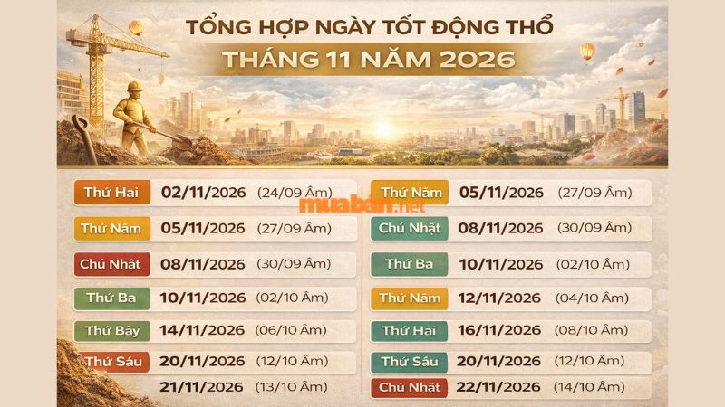 Xem ngày tốt động thổ tháng 11 năm 2026 chuẩn phong thủy để khởi công 13 ngày tốt động thổ tháng 11 năm 2026