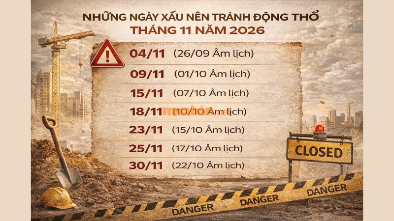 Xem ngày tốt động thổ tháng 11 năm 2026 chuẩn phong thủy để khởi công 7 ngày xấu nên tránh động thổ tháng 11 năm 2026