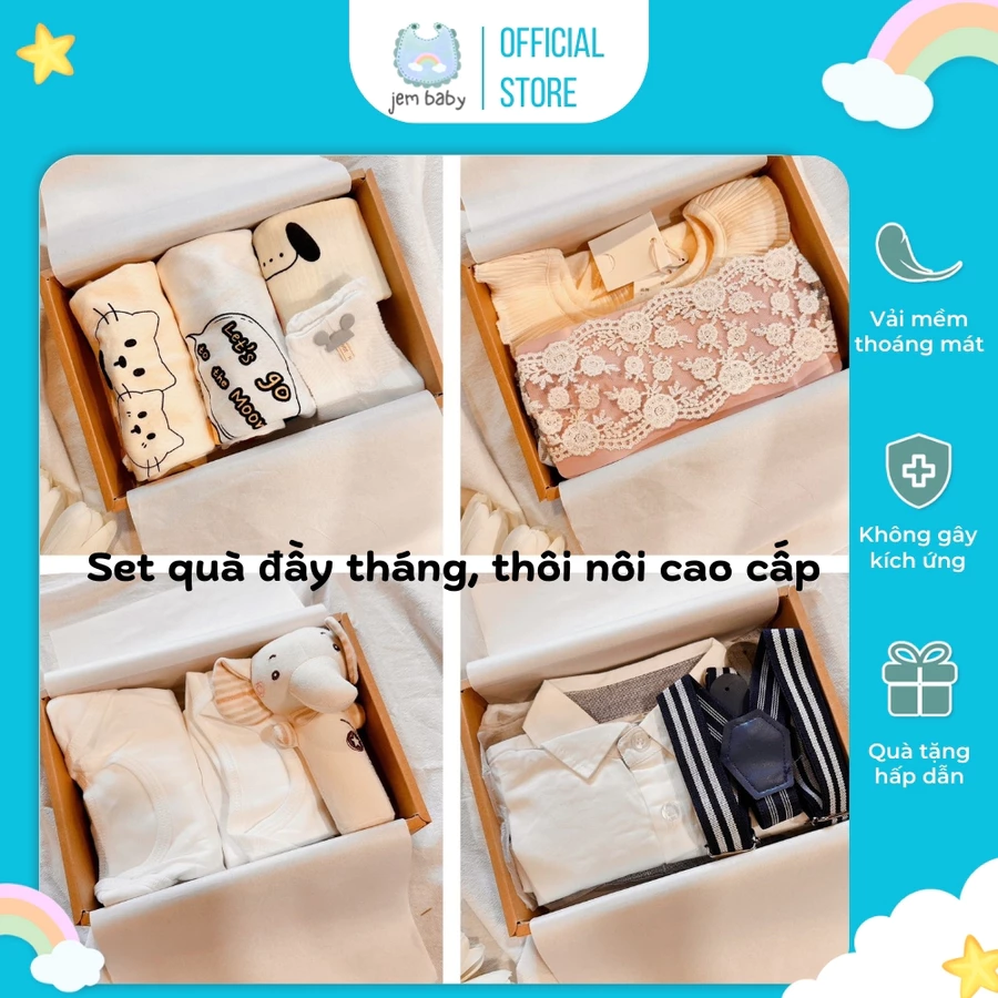 Set quà đầy tháng thôi nôi mix sẵn cao cấp cho bé trai bé gái nhiều mẫu kèm nơ và thiệp JEM BABY