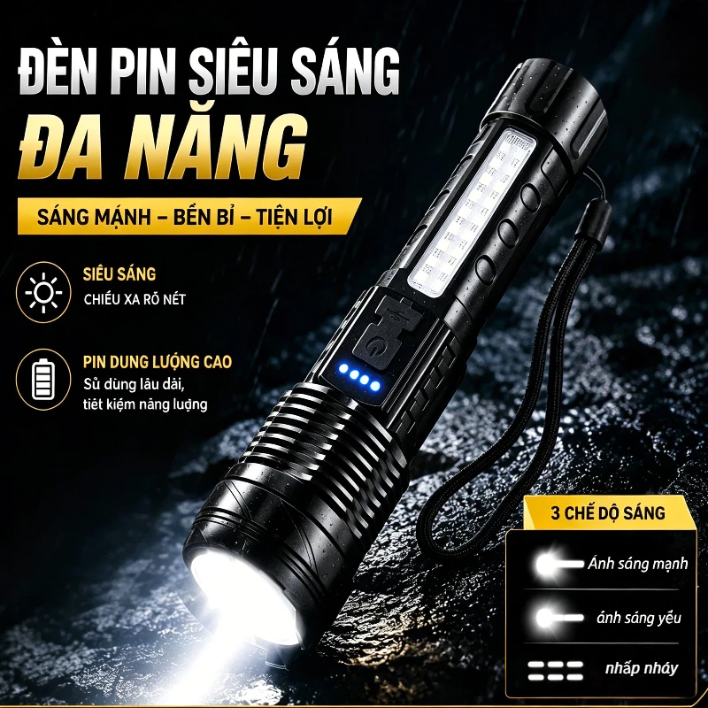 Đ&egrave;n pin cầm tay mini Đ&egrave;n chiến thuật ph&oacute;ng to Đ&egrave;n pin cầm tay si&ecirc;u s&aacute;ng Tiện mang theo Sạc type C hống nước