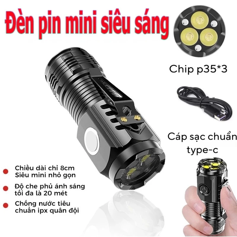 Đ&egrave;n pin cầm tay mini si&ecirc;u s&aacute;ng chiếu xa 5 chế độ s&aacute;ng chống thấm nước Type C sạc USB Nặng pin tr&acirc;u